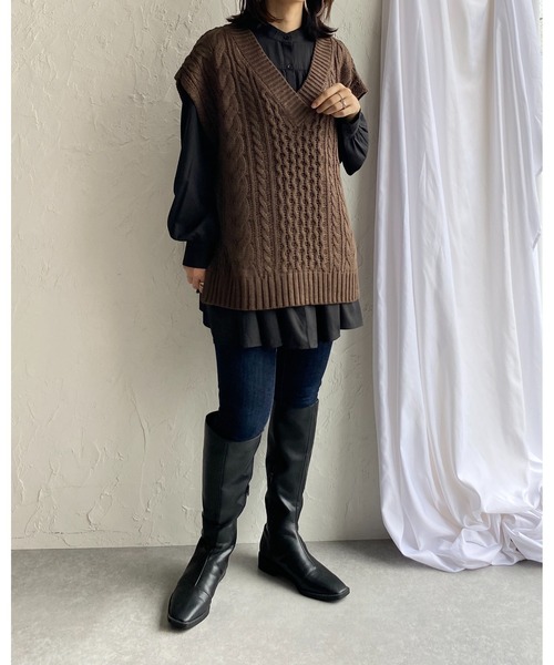 セール】オーバーサイズ Vネック ケーブル アラン編み ざっくり ニット