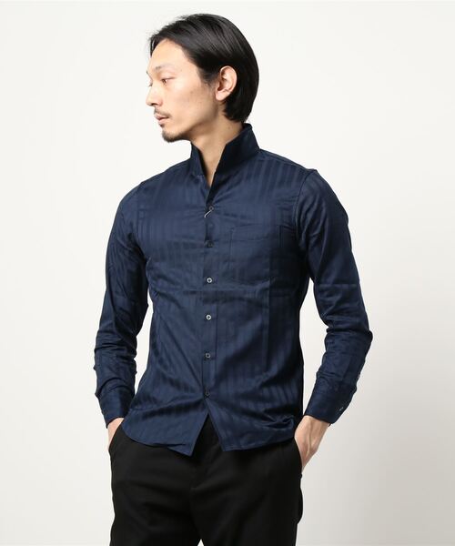 新品 ムッシュニコル ドビーストライプスタンドカラーシャツ46(M)紫白★I44225 吸汗速乾 抗菌防臭 日本製生地 MONSIEUR NICOLE メンズ リバーシブルドビー スタンドカラーシャツ｜長袖｜ニコル公式通販