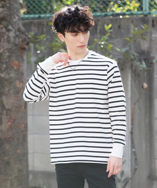 TopIsm(トップイズム)の「ワイドシルエット ヘビーウェイト ボーダー&無地 ロングTシャツ(Tシャツ/カットソー・メンズ・ホワイト/ブラック/ネイビー/グレー/ホワイト×ブラック・LL/M/L)」の2枚目の写真