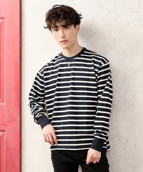TopIsm(トップイズム)の「ワイドシルエット ヘビーウェイト ボーダー&無地 ロングTシャツ(Tシャツ/カットソー・メンズ・ホワイト/ブラック/ネイビー/グレー/ホワイト×ブラック・LL/M/L)」の5枚目の写真