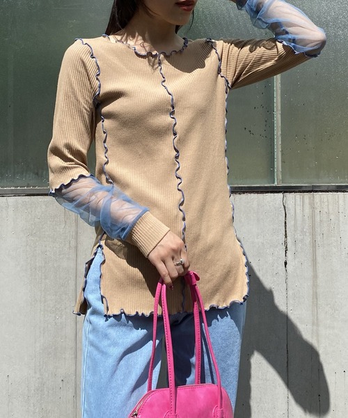 AS KNOW AS PINKY（アズノゥアズピンキー）の「メッシュ繋げてエッジプルオーバー（Tシャツ/カットソー・レディース・ブラック/ベージュ/ピンク・FREE）」の3枚目の写真