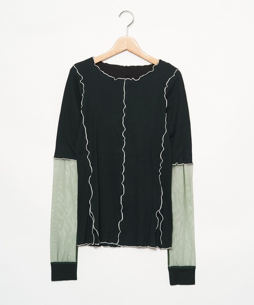 AS KNOW AS PINKY（アズノゥアズピンキー）の「メッシュ繋げてエッジプルオーバー（Tシャツ/カットソー・レディース・ブラック/ベージュ/ピンク・FREE）」の2枚目の写真