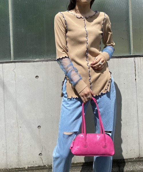 AS KNOW AS PINKY（アズノゥアズピンキー）の「メッシュ繋げてエッジプルオーバー（Tシャツ/カットソー・レディース・ブラック/ベージュ/ピンク・FREE）」の6枚目の写真