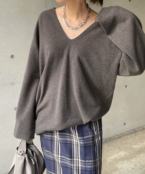 DouDou（ドゥドゥ）の「深Vプルオーバー（ニット/セーター・レディース・チャコールグレー/パープル/オレンジ・FREE）」の6枚目の写真