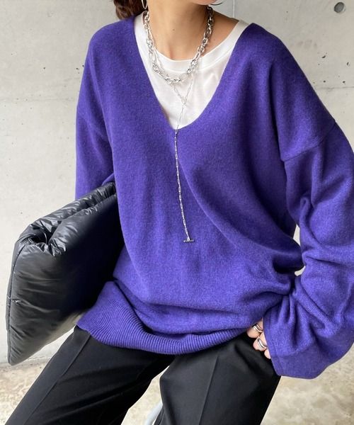 DouDou（ドゥドゥ）の「深Vプルオーバー（ニット/セーター・レディース・チャコールグレー/パープル/オレンジ・FREE）」の13枚目の写真