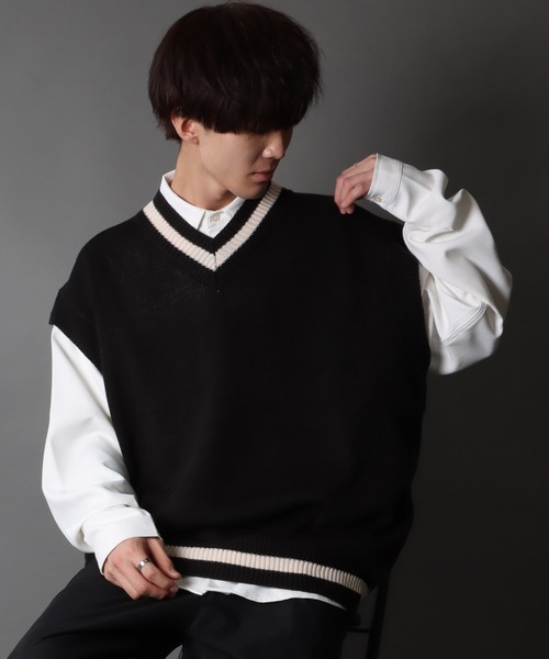 SITRY(シトリー)の「acrylic bulky Childen Knit vest/アクリルバルキー チルデン ニットベスト(ベスト・メンズ・チャコールグレー/グレイッシュブルー/オフホワイト/グリーン/ブラック/モカ・L/M/XL)」の3枚目の写真