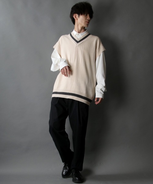 SITRY(シトリー)の「acrylic bulky Childen Knit vest/アクリルバルキー チルデン ニットベスト(ベスト・メンズ・チャコールグレー/グレイッシュブルー/オフホワイト/グリーン/ブラック/モカ・L/M/XL)」の10枚目の写真