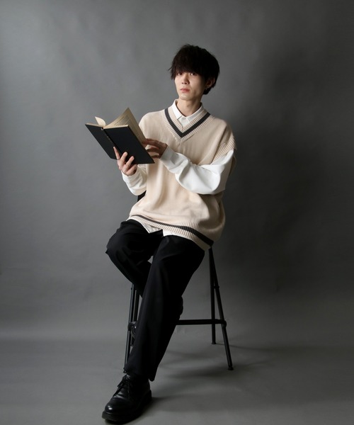 SITRY(シトリー)の「acrylic bulky Childen Knit vest/アクリルバルキー チルデン ニットベスト(ベスト・メンズ・チャコールグレー/グレイッシュブルー/オフホワイト/グリーン/ブラック/モカ・L/M/XL)」の13枚目の写真