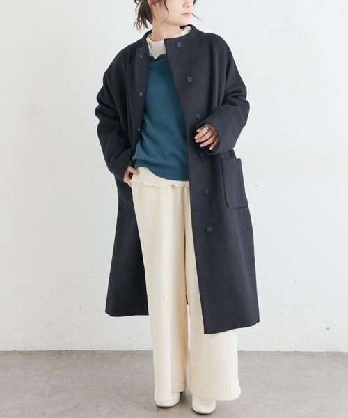 PUAL CE CIN(ピュアルセシン)の「ウール混ボトルネックコート(ノーカラーコート・レディース・ネイビー/グレー・FREE)」の2枚目の写真