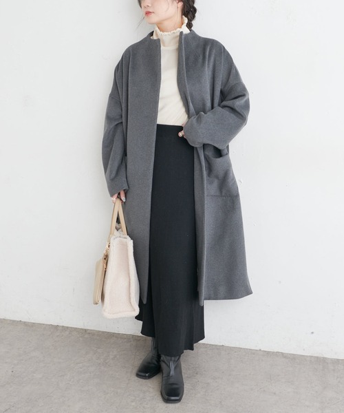 PUAL CE CIN(ピュアルセシン)の「ウール混ボトルネックコート(ノーカラーコート・レディース・ネイビー/グレー・FREE)」の1枚目の写真