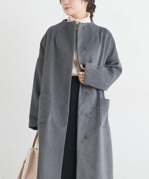 PUAL CE CIN(ピュアルセシン)の「ウール混ボトルネックコート(ノーカラーコート・レディース・ネイビー/グレー・FREE)」の3枚目の写真