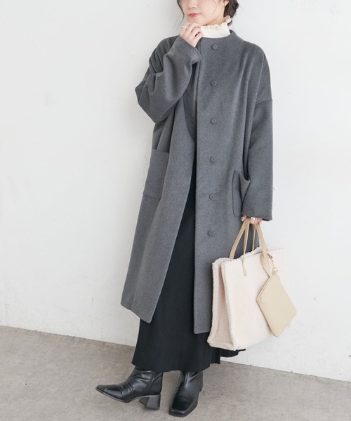 PUAL CE CIN(ピュアルセシン)の「ウール混ボトルネックコート(ノーカラーコート・レディース・ネイビー/グレー・FREE)」の4枚目の写真