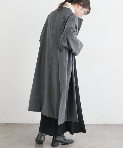PUAL CE CIN(ピュアルセシン)の「ウール混ボトルネックコート(ノーカラーコート・レディース・ネイビー/グレー・FREE)」の6枚目の写真