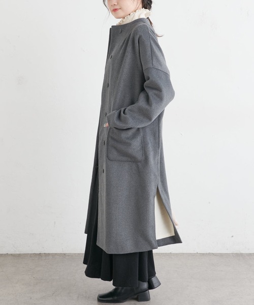 PUAL CE CIN(ピュアルセシン)の「ウール混ボトルネックコート(ノーカラーコート・レディース・ネイビー/グレー・FREE)」の5枚目の写真