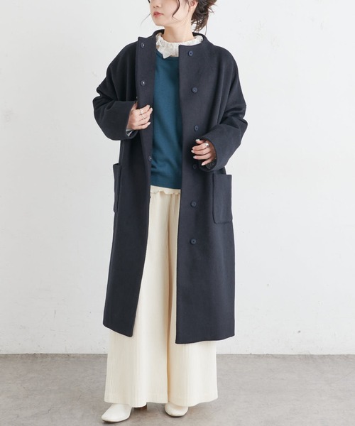 PUAL CE CIN(ピュアルセシン)の「ウール混ボトルネックコート(ノーカラーコート・レディース・ネイビー/グレー・FREE)」の7枚目の写真