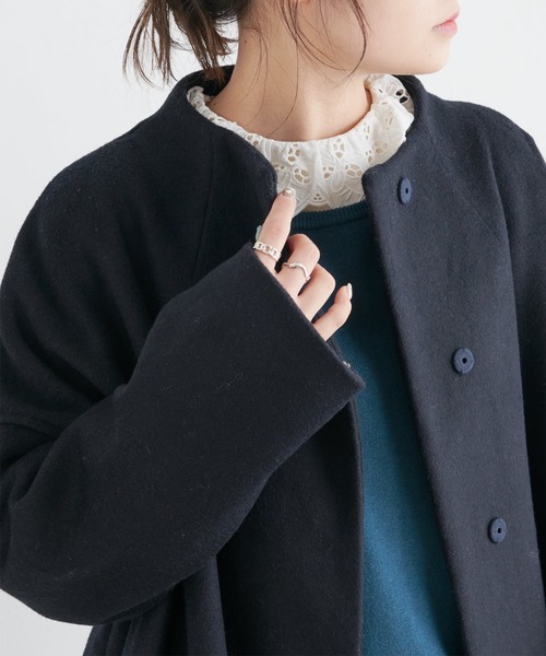 PUAL CE CIN(ピュアルセシン)の「ウール混ボトルネックコート(ノーカラーコート・レディース・ネイビー/グレー・FREE)」の9枚目の写真