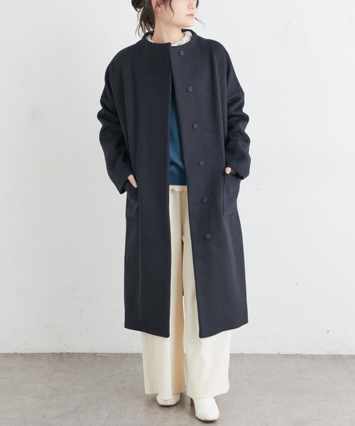 PUAL CE CIN(ピュアルセシン)の「ウール混ボトルネックコート(ノーカラーコート・レディース・ネイビー/グレー・FREE)」の8枚目の写真