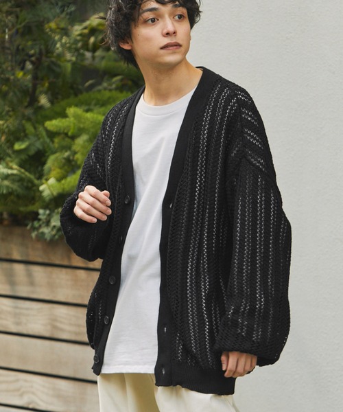 メッシュ編みボリュームニットルーズカーディガン（カーディガン