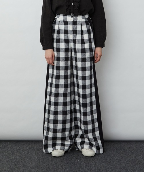 LOISIR/ロワズィール ブロックチェックワイドパンツ 麻 リネン