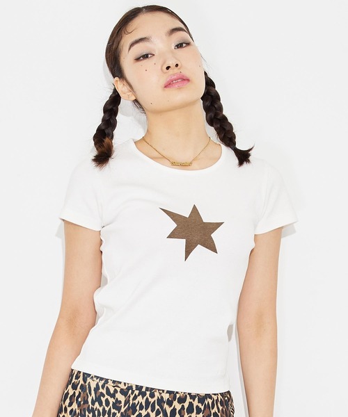 X-girl（エックスガール）の「ONE STAR S/S BABY TEE（Tシャツ/カットソー・レディース・チャコール/オレンジ/ホワイト・M/S）」の2枚目の写真