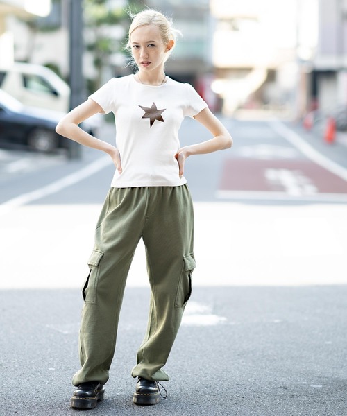 X-girl（エックスガール）の「ONE STAR S/S BABY TEE（Tシャツ/カットソー・レディース・チャコール/オレンジ/ホワイト・M/S）」の18枚目の写真