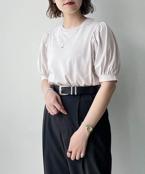 PAGEBOY（ページボーイ）の「ボリュームショートスリーブTシャツ（Tシャツ/カットソー・レディース・スカイブルー/ブラック/オフホワイト/ホワイト×ブラック/グレイッシュベージュ・FREE）」の12枚目の写真