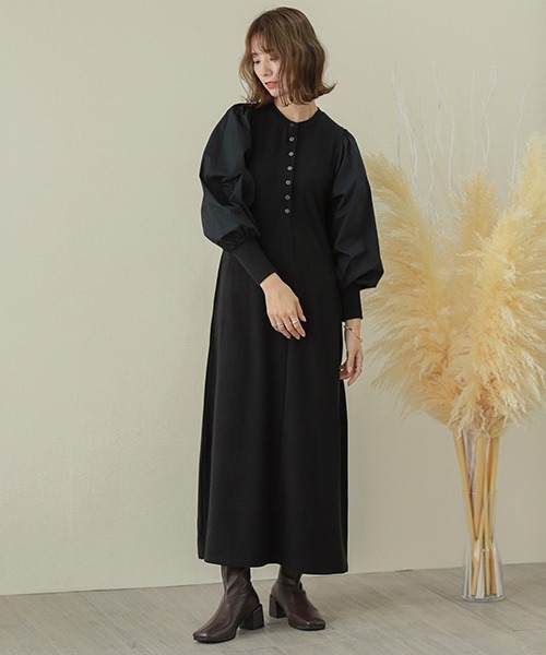 La-gemme（ラジェム）の「異素材切替ボリューム袖ワンピース（サロペット/オーバーオール・レディース・スモークピンク/ブラウン/グレー系その他/ブラック/ブルー/コーラル/グレー・M/L）」の9枚目の写真