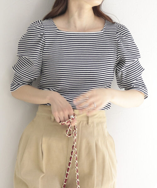 fredy emue(フレディエミュ)の「テレコボーダー袖ボリューム半袖プルオーバー(Tシャツ/カットソー・レディース・ホワイト×ブラック/ブラウン系その他3/グリーン系その他3/ピンク系その他3・38)」の9枚目の写真