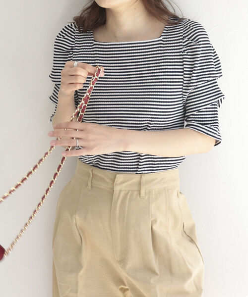 fredy emue(フレディエミュ)の「テレコボーダー袖ボリューム半袖プルオーバー(Tシャツ/カットソー・レディース・ホワイト×ブラック/ブラウン系その他3/グリーン系その他3/ピンク系その他3・38)」の10枚目の写真