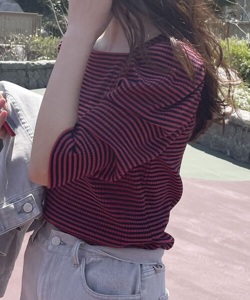 fredy emue(フレディエミュ)の「テレコボーダー袖ボリューム半袖プルオーバー(Tシャツ/カットソー・レディース・ホワイト×ブラック/ブラウン系その他3/グリーン系その他3/ピンク系その他3・38)」の21枚目の写真