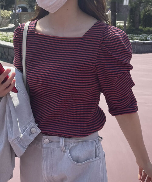 fredy emue(フレディエミュ)の「テレコボーダー袖ボリューム半袖プルオーバー(Tシャツ/カットソー・レディース・ホワイト×ブラック/ブラウン系その他3/グリーン系その他3/ピンク系その他3・38)」の22枚目の写真