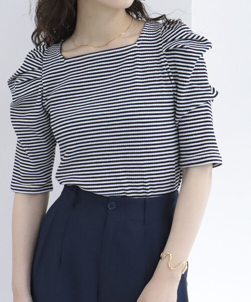 fredy emue(フレディエミュ)の「テレコボーダー袖ボリューム半袖プルオーバー(Tシャツ/カットソー・レディース・ホワイト×ブラック/ブラウン系その他3/グリーン系その他3/ピンク系その他3・38)」の2枚目の写真