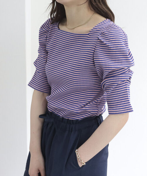 fredy emue(フレディエミュ)の「テレコボーダー袖ボリューム半袖プルオーバー(Tシャツ/カットソー・レディース・ホワイト×ブラック/ブラウン系その他3/グリーン系その他3/ピンク系その他3・38)」の4枚目の写真