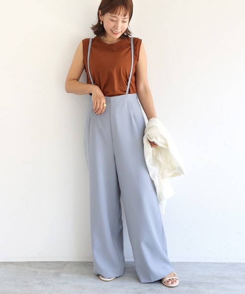 andme(アンドミー)の「2wayとろみハイウエストワイドサロペット(サロペット/オーバーオール・レディース・ブラック/アイボリー/ダークベージュ/ブルー/イエロー・S/M)」の9枚目の写真