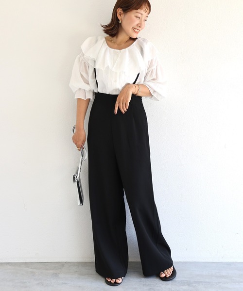 andme(アンドミー)の「2wayとろみハイウエストワイドサロペット(サロペット/オーバーオール・レディース・ブラック/アイボリー/ダークベージュ/ブルー/イエロー・S/M)」の8枚目の写真