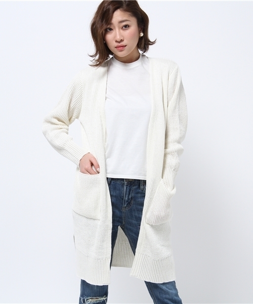 LOUNGEDRESS(ラウンジドレス)の「畦ニットガウン(カーディガン/ボレロ・レディース・アイボリー/ブルー・フリ-)」の1枚目の写真