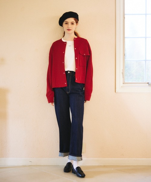 idem(イデム)の「idem basic cardigan jacket/ノーカラーカーディガンジャケット(カーディガン/ボレロ・レディース・ネイビー/ボルドー・FREE)」の11枚目の写真