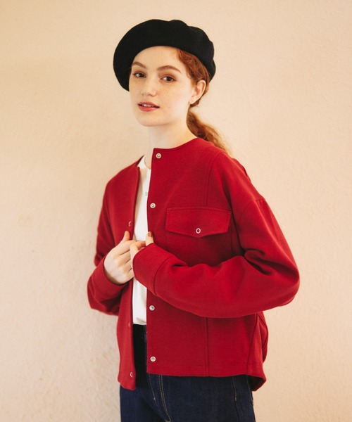 idem(イデム)の「idem basic cardigan jacket/ノーカラーカーディガンジャケット(カーディガン/ボレロ・レディース・ネイビー/ボルドー・FREE)」の4枚目の写真