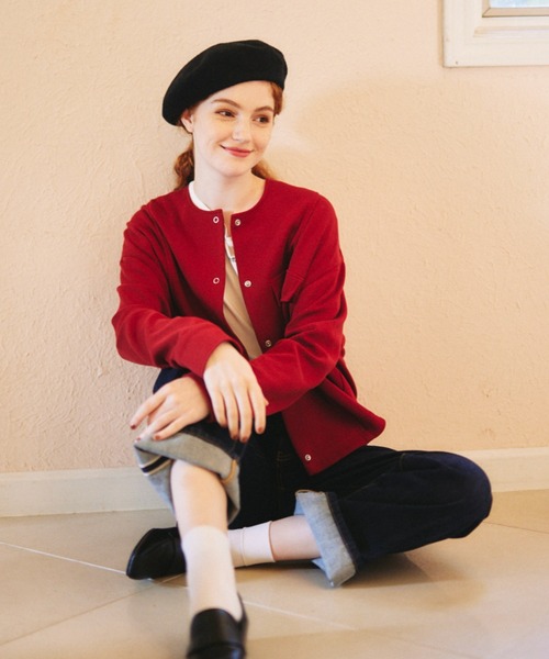 idem(イデム)の「idem basic cardigan jacket/ノーカラーカーディガンジャケット(カーディガン/ボレロ・レディース・ネイビー/ボルドー・FREE)」の6枚目の写真