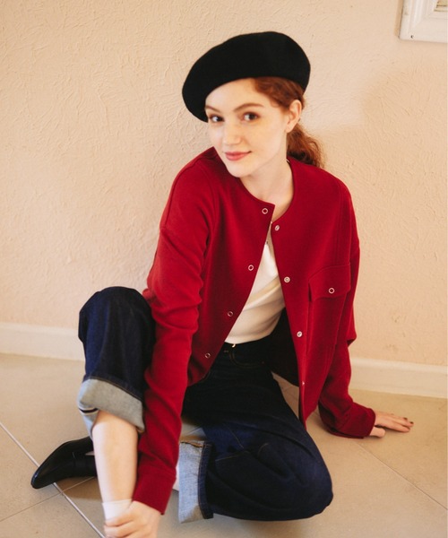 idem(イデム)の「idem basic cardigan jacket/ノーカラーカーディガンジャケット(カーディガン/ボレロ・レディース・ネイビー/ボルドー・FREE)」の7枚目の写真