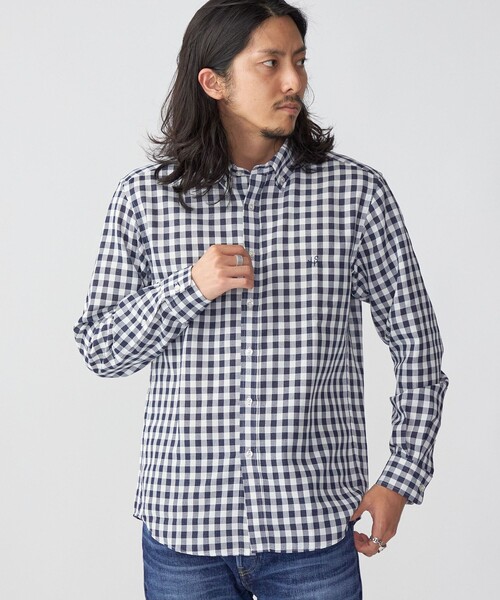 SHIPS（シップス）の「*SHIPS: 防シワ・吸水速乾 Drymix(R) ワンポイント ロゴ ギンガムチェック ボタンダウン パナマ シャツ（シャツ/ブラウス・メンズ・ベージュ/ネイビー/ブルー・SMALL/MEDIUM/LARGE/X-LARGE）」の2枚目の写真