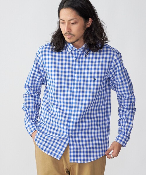 SHIPS（シップス）の「*SHIPS: 防シワ・吸水速乾 Drymix(R) ワンポイント ロゴ ギンガムチェック ボタンダウン パナマ シャツ（シャツ/ブラウス・メンズ・ベージュ/ネイビー/ブルー・SMALL/MEDIUM/LARGE/X-LARGE）」の3枚目の写真