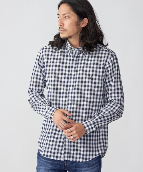 SHIPS（シップス）の「*SHIPS: 防シワ・吸水速乾 Drymix(R) ワンポイント ロゴ ギンガムチェック ボタンダウン パナマ シャツ（シャツ/ブラウス・メンズ・ベージュ/ネイビー/ブルー・SMALL/MEDIUM/LARGE/X-LARGE）」の8枚目の写真