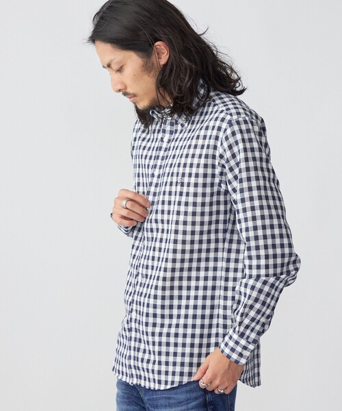 SHIPS（シップス）の「*SHIPS: 防シワ・吸水速乾 Drymix(R) ワンポイント ロゴ ギンガムチェック ボタンダウン パナマ シャツ（シャツ/ブラウス・メンズ・ベージュ/ネイビー/ブルー・SMALL/MEDIUM/LARGE/X-LARGE）」の9枚目の写真