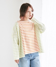CUBE SUGAR（キューブシュガー）の「コットン天竺ボーダーボートネック縦切替プルオーバー（Tシャツ/カットソー）」