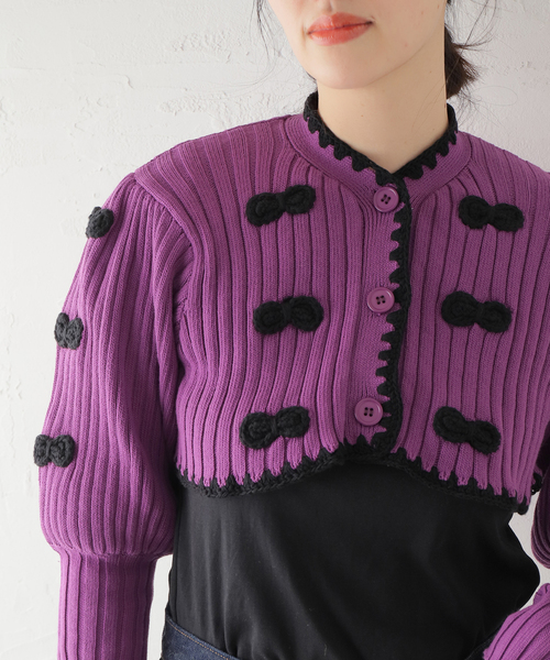 HOLIDAY（ホリデイ）の「■■■【HOLIDAY/ホリデイ】RIBBON CROPPED KNIT CD:カーディガン（カーディガン/ボレロ・レディース・パープル・FREE）」の2枚目の写真
