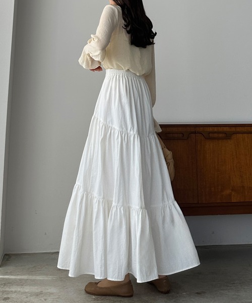 Louere（ルエレ）の「ワッシャーティアードスカート（スカート・レディース・ブラック/ホワイト/ベージュ・SMALL/MEDIUM/LARGE/X-LARGE）」の6枚目の写真