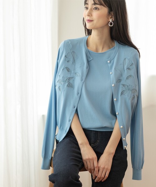 OPAQUE.CLIP（オペークドットクリップ）の「◆アンサンブル対応 刺繍チュールクルーネックカーディガン【洗濯機洗い可】（カーディガン/ボレロ・レディース・サンドベージュ/ホワイト系/ライトブルー・36/38/40）」の11枚目の写真