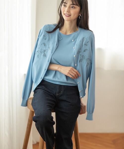 OPAQUE.CLIP（オペークドットクリップ）の「◆アンサンブル対応 刺繍チュールクルーネックカーディガン【洗濯機洗い可】（カーディガン/ボレロ・レディース・サンドベージュ/ホワイト系/ライトブルー・36/38/40）」の12枚目の写真