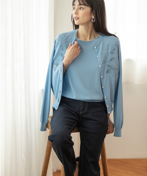 OPAQUE.CLIP（オペークドットクリップ）の「◆アンサンブル対応 刺繍チュールクルーネックカーディガン【洗濯機洗い可】（カーディガン/ボレロ・レディース・サンドベージュ/ホワイト系/ライトブルー・36/38/40）」の13枚目の写真